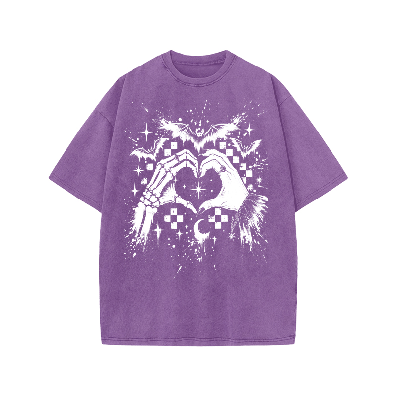 Gothic Heart Hands Round Neck Graphic Print Acid Washed T-Shirt - Purple - US20-22(3XL) - image 1