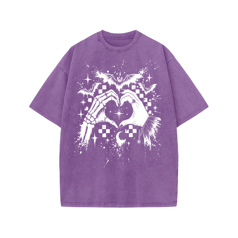 Gothic Heart Hands Round Neck Graphic Print Acid Washed T-Shirt - Purple - US20-22(3XL) - image 1