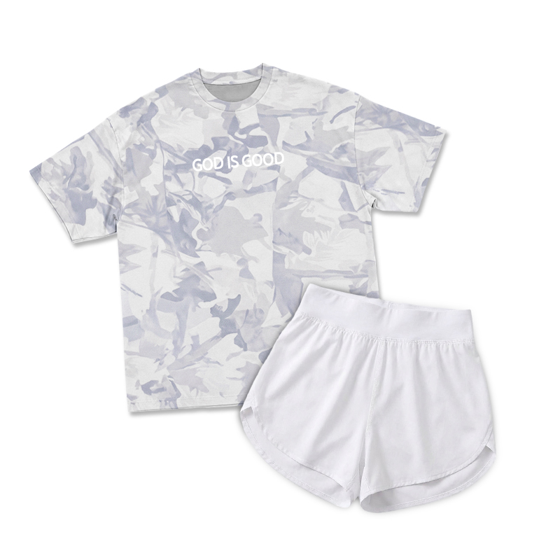 Vintage Camo GOD IS GOOD Print T-Shirt & Short Two Piece Set - Ice Blue Camo - 2XL - image 5
