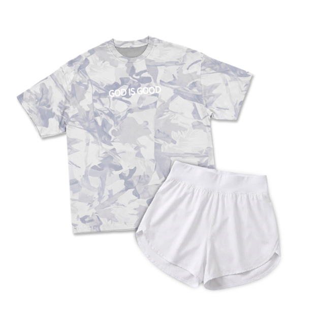 Vintage Camo GOD IS GOOD Print T-Shirt & Short Two Piece Set - Ice Blue Camo - 2XL - image 5