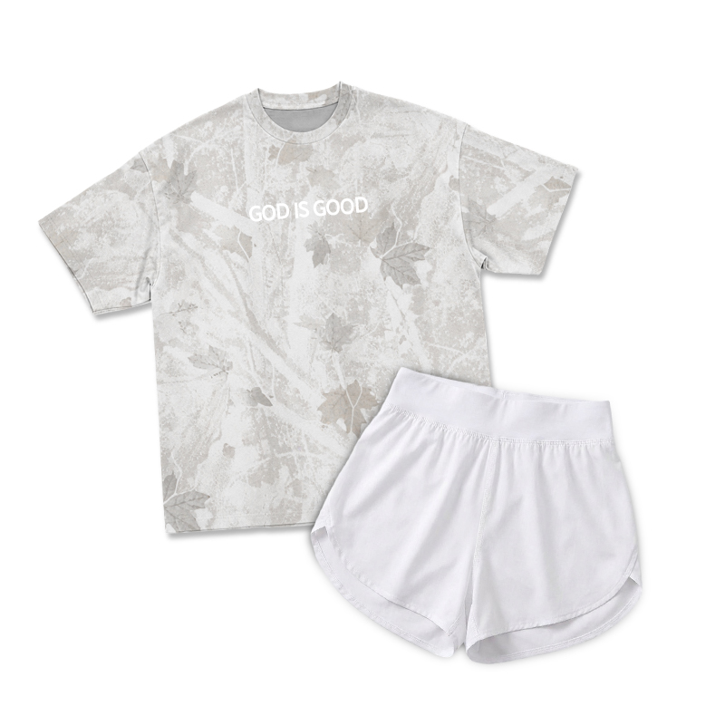 Vintage Camo GOD IS GOOD Print T-Shirt & Short Two Piece Set - Light Gray Camo - 2XL - image 4