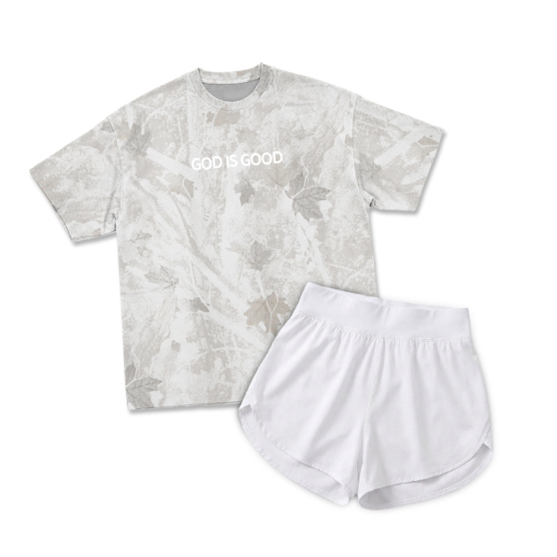 Vintage Camo GOD IS GOOD Print T-Shirt & Short Two Piece Set - Light Gray Camo - 2XL - image 4