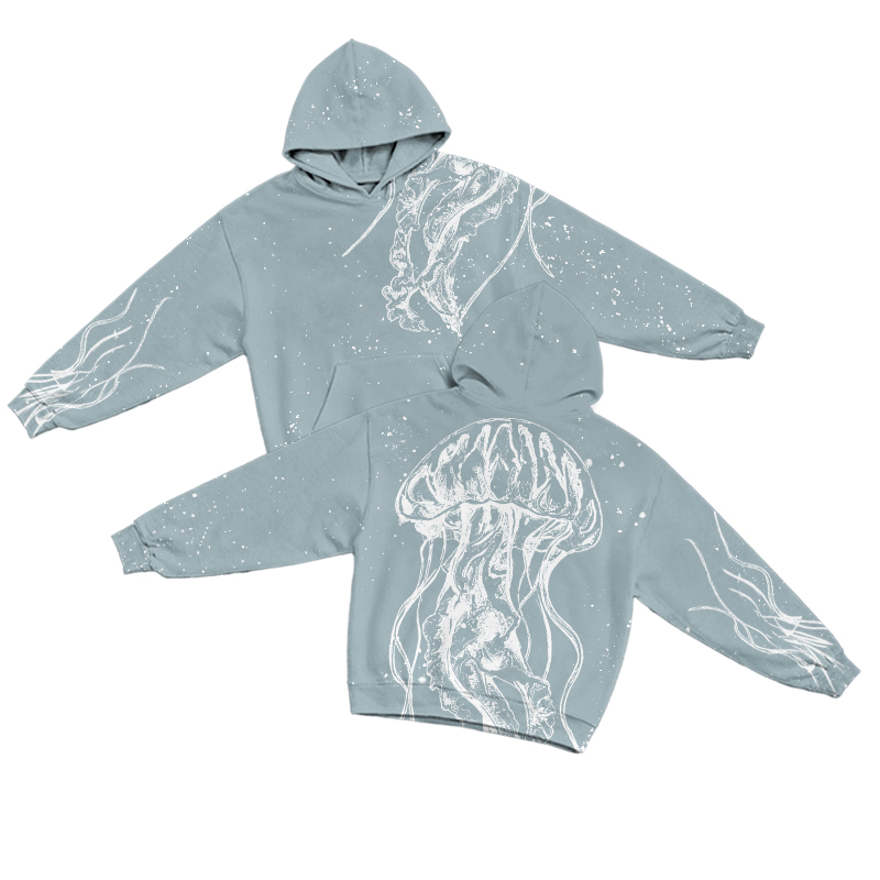 Ocean Jellyfish Bleach Print Long Sleeve Print Casual Hoodie - Light Blue - US32-34(5XL) - image 2