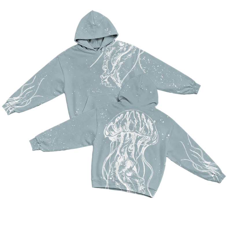 Ocean Jellyfish Bleach Print Long Sleeve Print Casual Hoodie - Light Blue - US32-34(5XL) - image 2