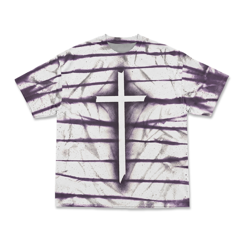 Gothic Cross Tie Dye Round Neck Print T-Shirt - White - 3XL - image 2