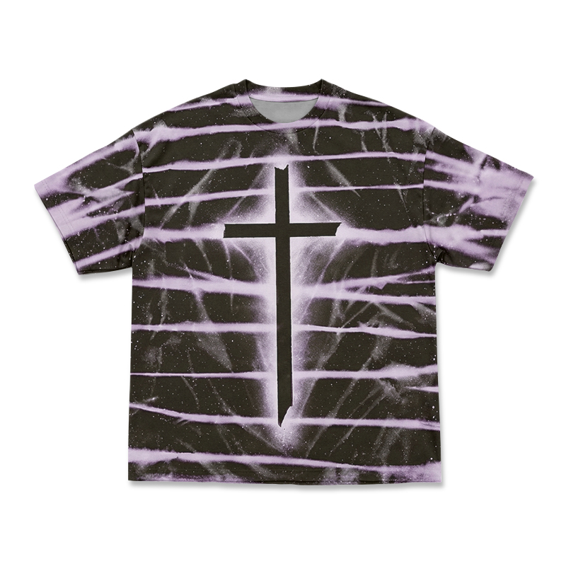 Gothic Cross Tie Dye Round Neck Print T-Shirt - Purple - 3XL - image 1