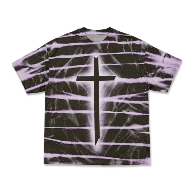 Gothic Cross Tie Dye Round Neck Print T-Shirt - Purple - 3XL - image 1