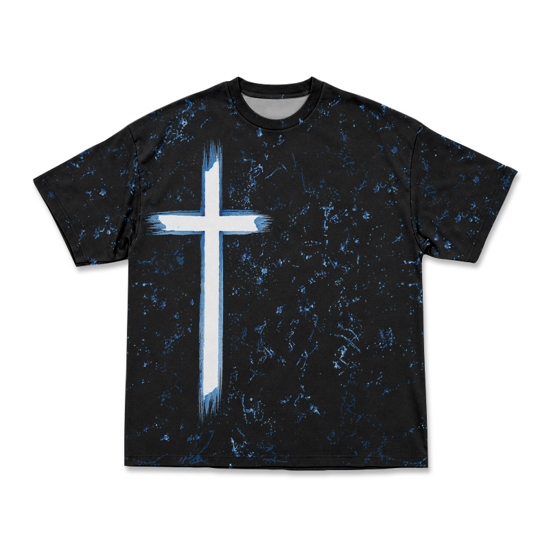 Dark Aesthetic Paint Splash Cross Round Neck Print T-Shirt - Black - 3XL - image 2