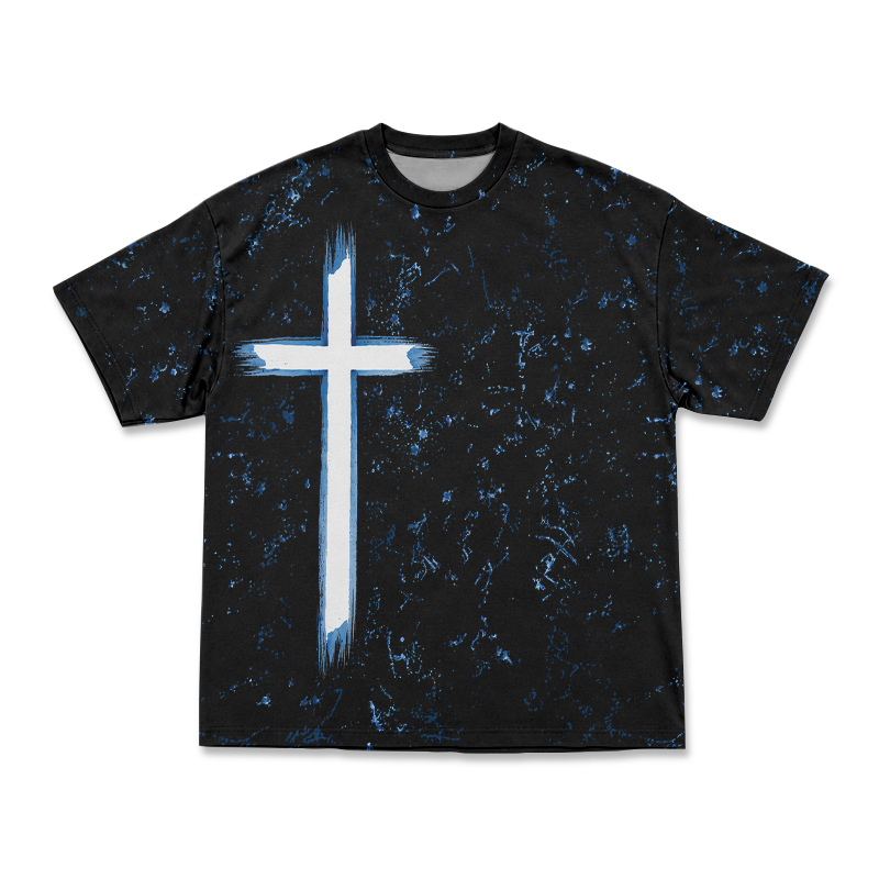 Dark Aesthetic Paint Splash Cross Round Neck Print T-Shirt - Black - 3XL - image 2