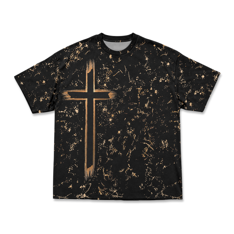 Dark Aesthetic Paint Splash Cross Round Neck Print T-Shirt - Golden - 3XL - image 1
