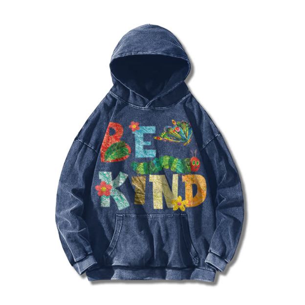 Casual Be Kind Graphic Print Acid Washed Hoodie - Blue - US16-18(2XL) - image 1