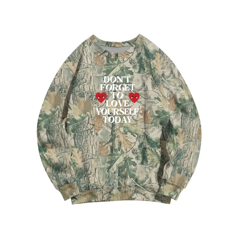 Camo Love Yourself Today Heart Graphic Round Neck Sweatshirt - Green Camo - 3XL - image 2