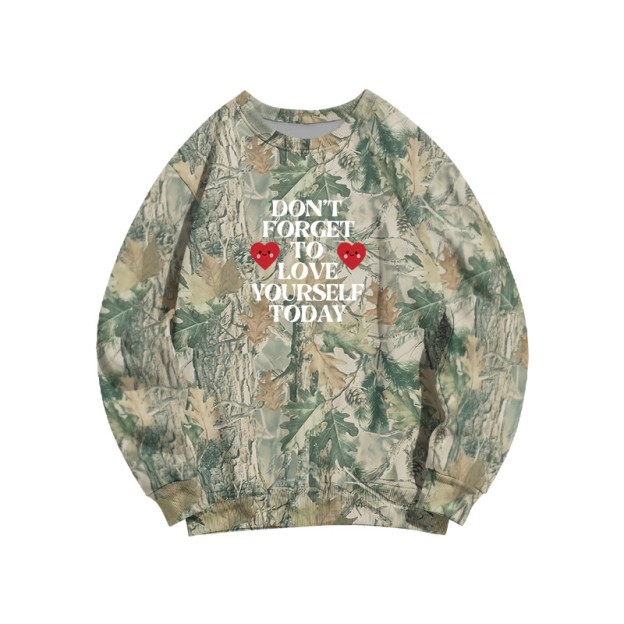 Camo Love Yourself Today Heart Graphic Round Neck Sweatshirt - Green Camo - 3XL - image 2
