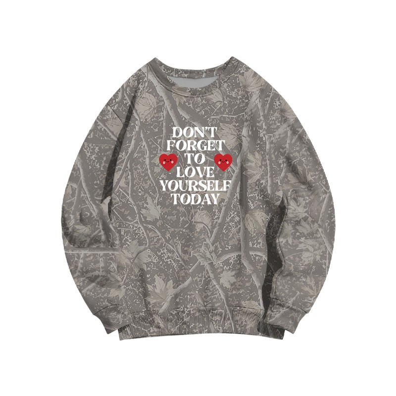 Camo Love Yourself Today Heart Graphic Round Neck Sweatshirt - Dark Grey Camo - 3XL - image 1