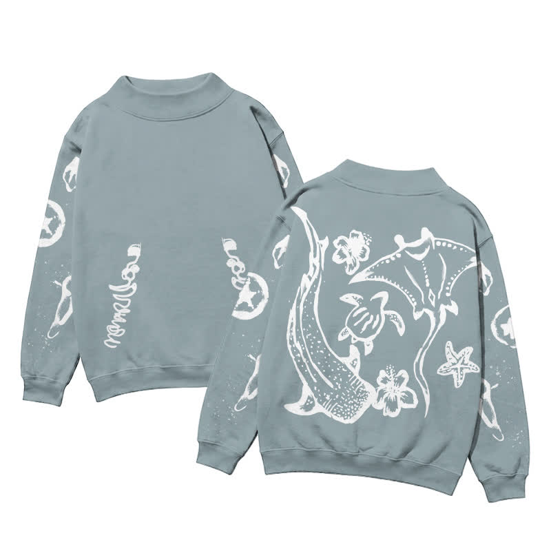 Coastal Sketch Back Bleach Print Mock Neck Sweatshirt - Light Blue - 3XL - image 2