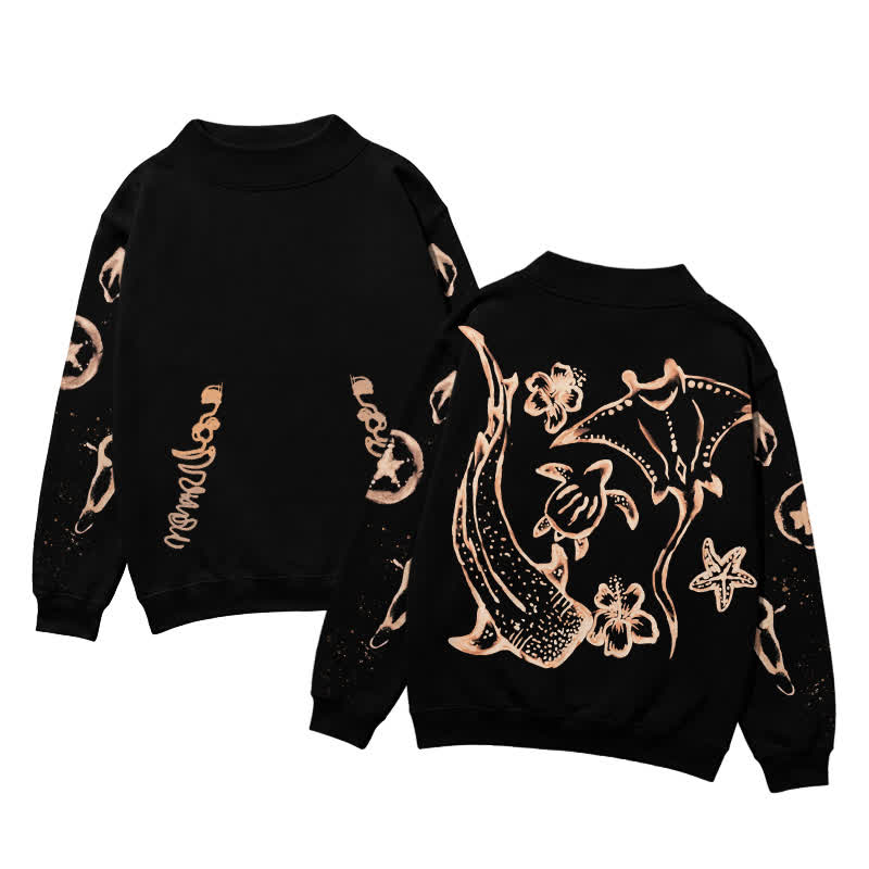 Coastal Sketch Back Bleach Print Mock Neck Sweatshirt - Black - 3XL - image 1