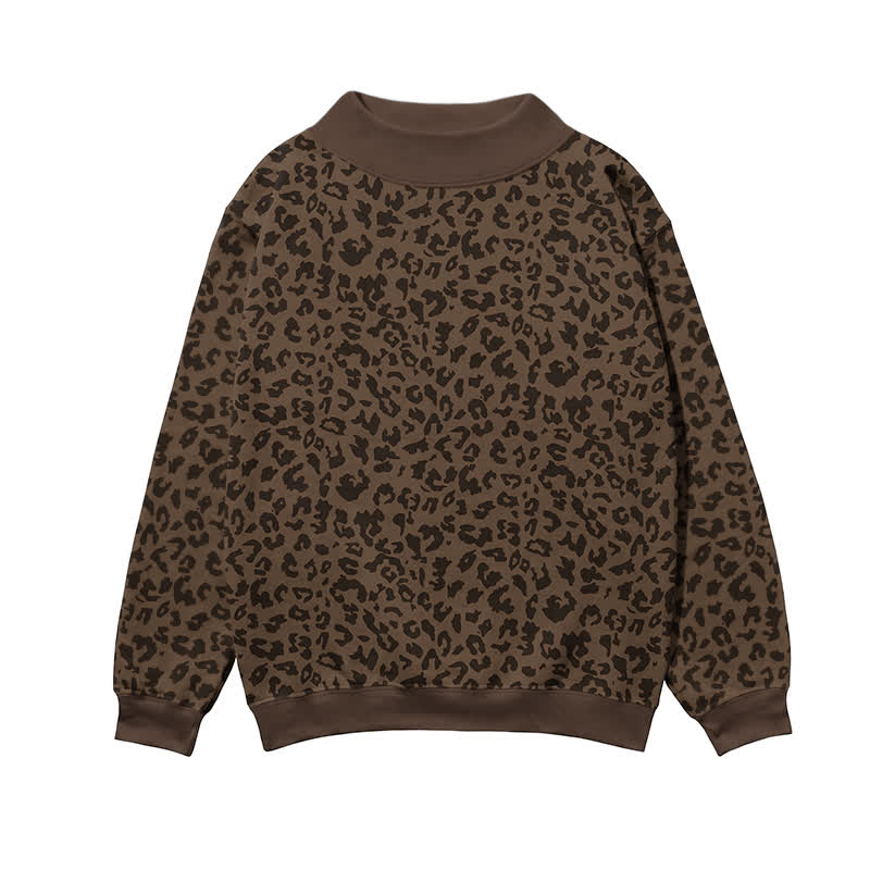 Streetwear Leopard Print Mock Neck Sweatshirt - Brown - 3XL - image 1