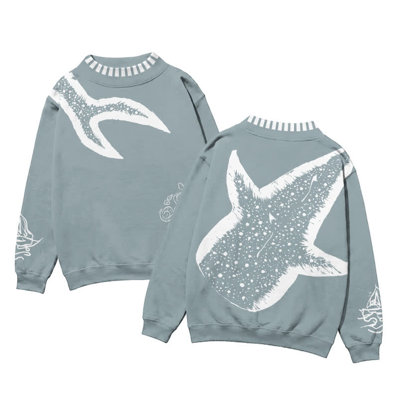 Streetwear Vintage Ocean Inspired Graphic Mock Neck Sweatshirt - Light Blue - 3XL - image 1