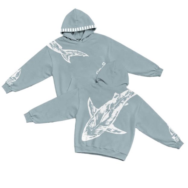 Great White Shark Bleach Print Long Sleeve Casual Hoodie - Light Blue - US32-34(5XL) - image 1