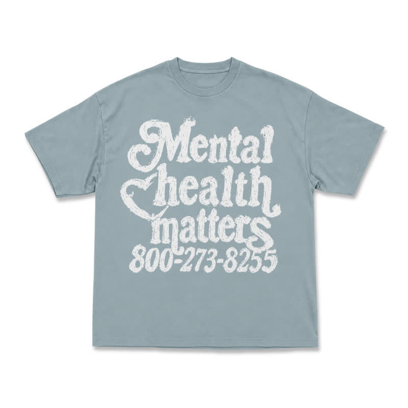 Streetwear Mental Health Matters Distressed Round Neck Bleach Print T-Shirt - Light Blue - 3XL - image 1