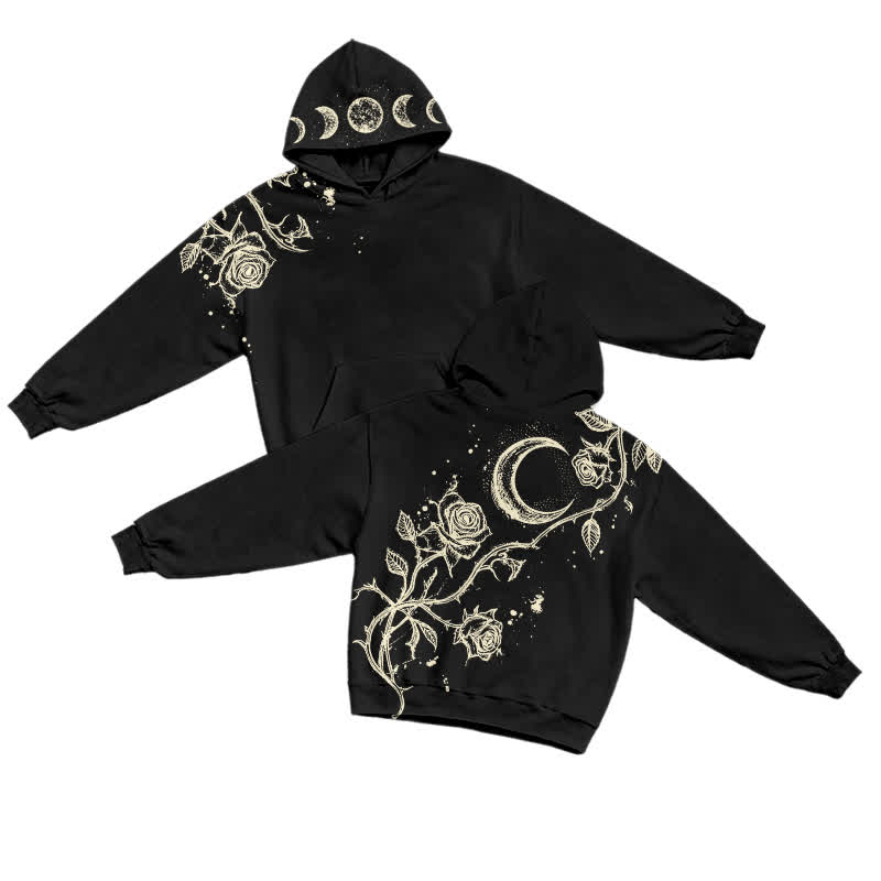 Gothic Moon and Rose Long Sleeve Bleach Print Casual Hoodie - Black - US32-34(5XL) - image 2