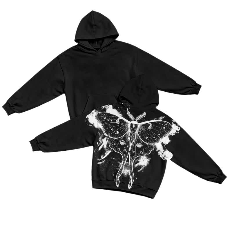 Dark Aesthetic Moth Bleach Print Long Sleeve Casual Hoodie - Black - US32-34(5XL) - image 2