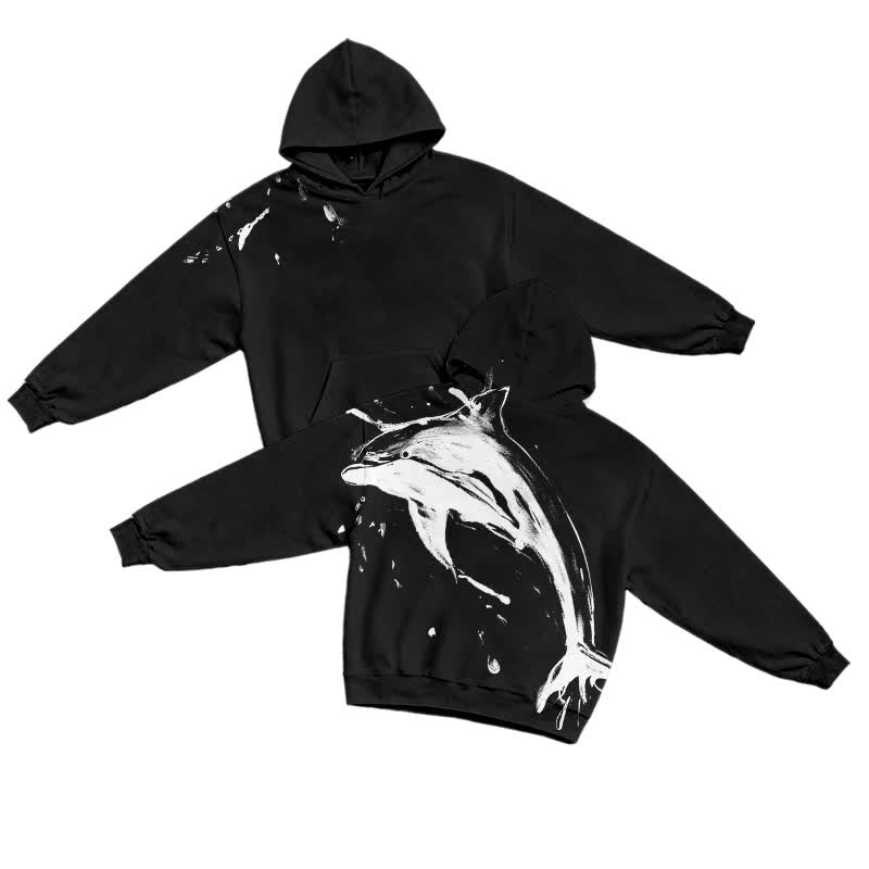 Streetwear Dolphin Splash Long Sleeve Bleach Print Casual Hoodie - Black - US32-34(5XL) - image 1