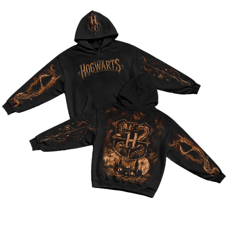 Retro Hogwarts Magic Sleeve Print Casual Hoodie - Black - US32-34(5XL) - image 1
