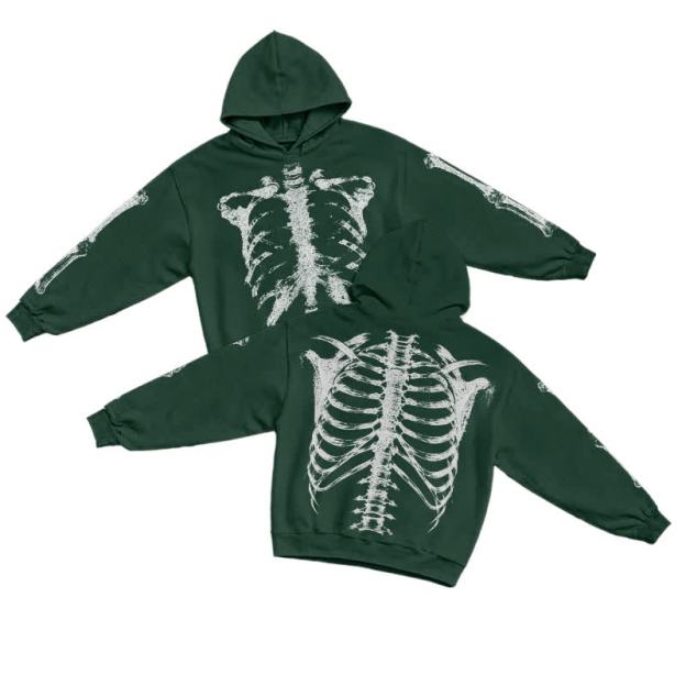 Gothic Skeleton Long Sleeve Pullover Graphic Print Hoodie - Dark Green - US16-18(2XL) - image 2