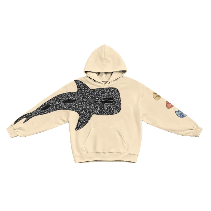 Urban Streetwear Asymmetric Fish Motif Long Sleeve Graphic Print Hoodie - Apricot - US16-18(2XL) - image 2