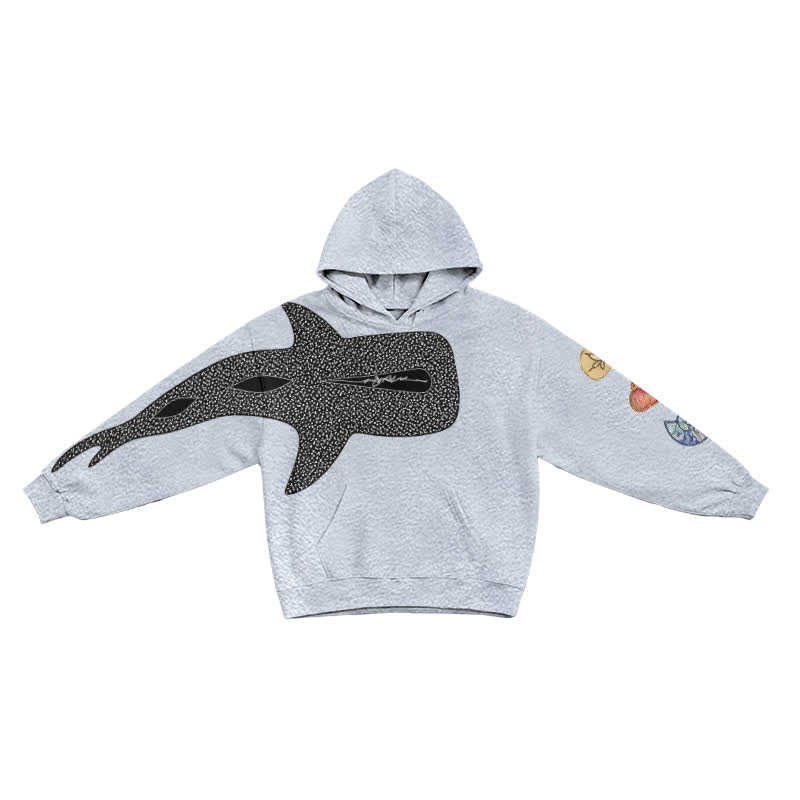 Urban Streetwear Asymmetric Fish Motif Long Sleeve Graphic Print Hoodie - Grey - US16-18(2XL) - image 1