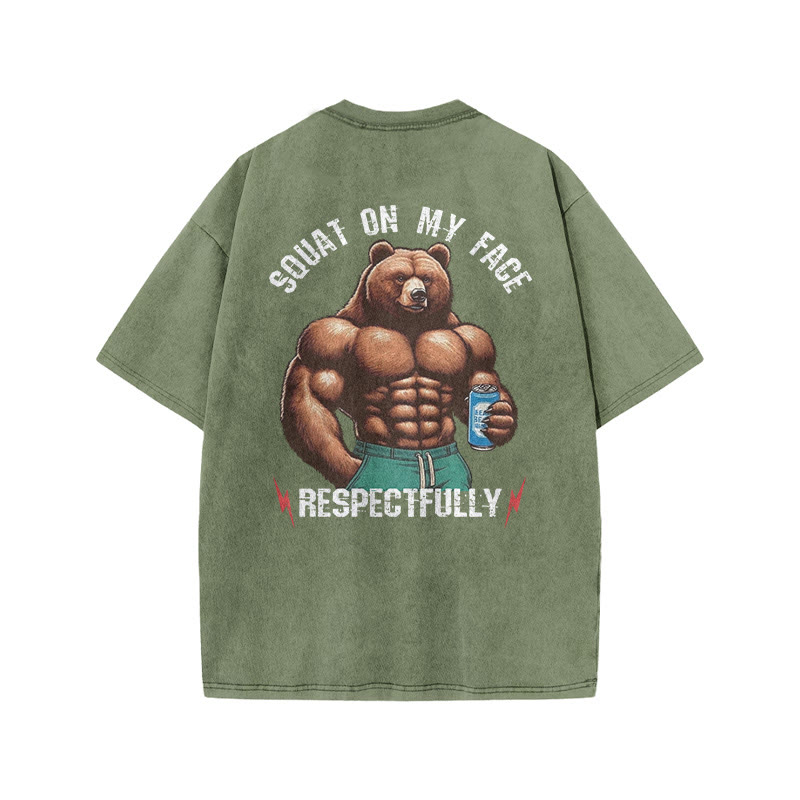 100% Cotton Squat On My Face Respectfully Gym Print Acid Washed T-shirt - Army Green - US20-22(3XL) - image 8