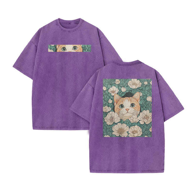 A Black Cat Hidden Among Clusters Of White Flowers Print Acid Washed T-shirt - Purple - US20-22(3XL) - image 10