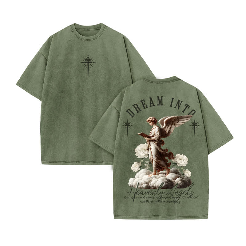 Unisex 100% Cotton Heavenly Angels Print Acid Washed T-shirt - Army Green - US20-22(3XL) - image 6