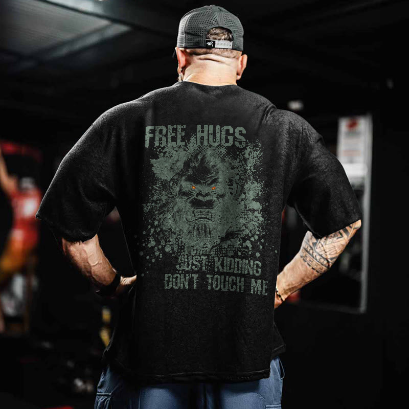 100% Cotton Free Hugs Gym Print Acid Washed T-shirt - image 3