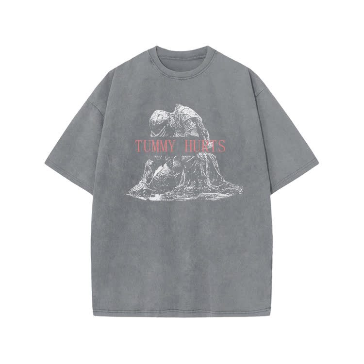 Tummy Hurts Print Acid Washed T-shirt - Grey - US20-22(3XL) - image 3