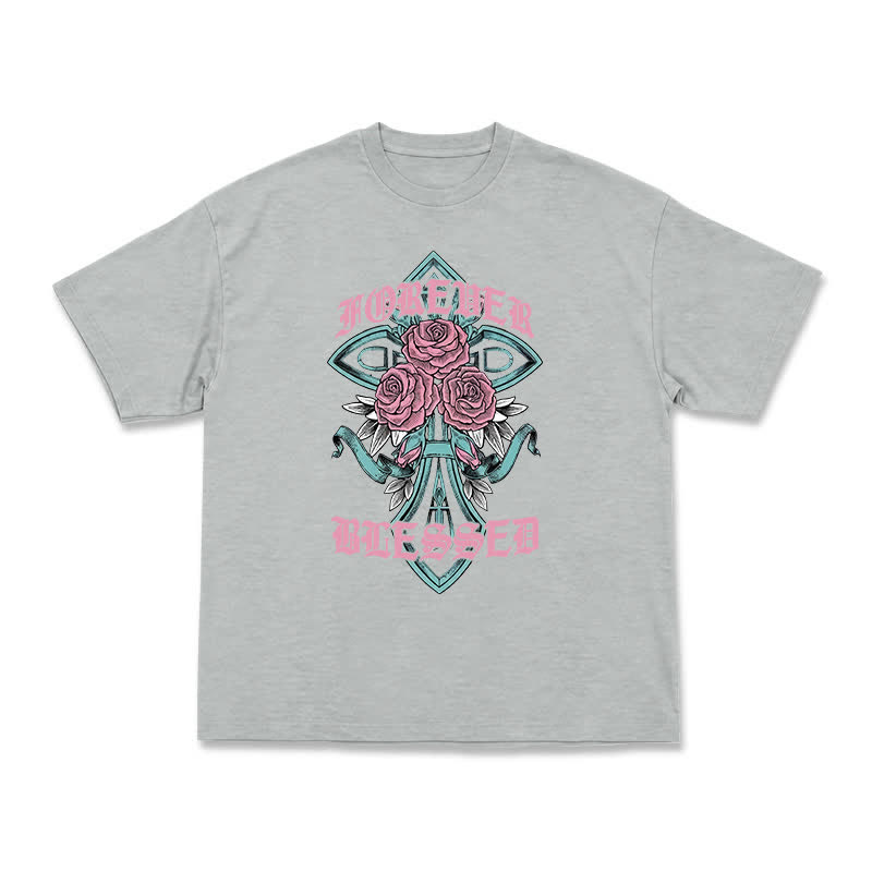 Vintage Rock Cross and Rose Print Relaxed Fit T-Shirt - Grey - US16-18(2XL) - image 11