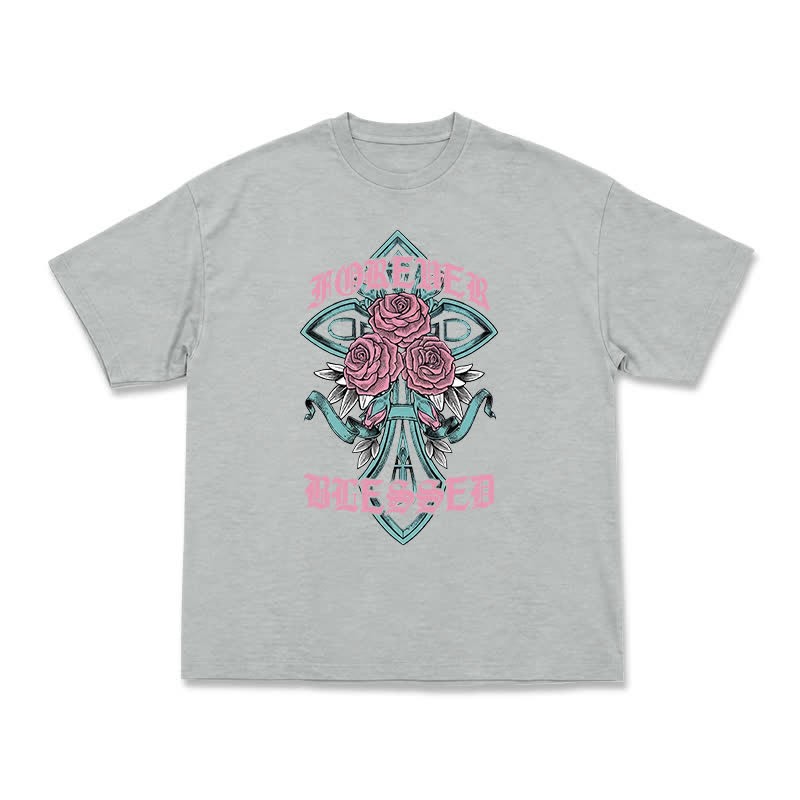 Vintage Rock Cross and Rose Print Relaxed Fit T-Shirt - Grey - US16-18(2XL) - image 11