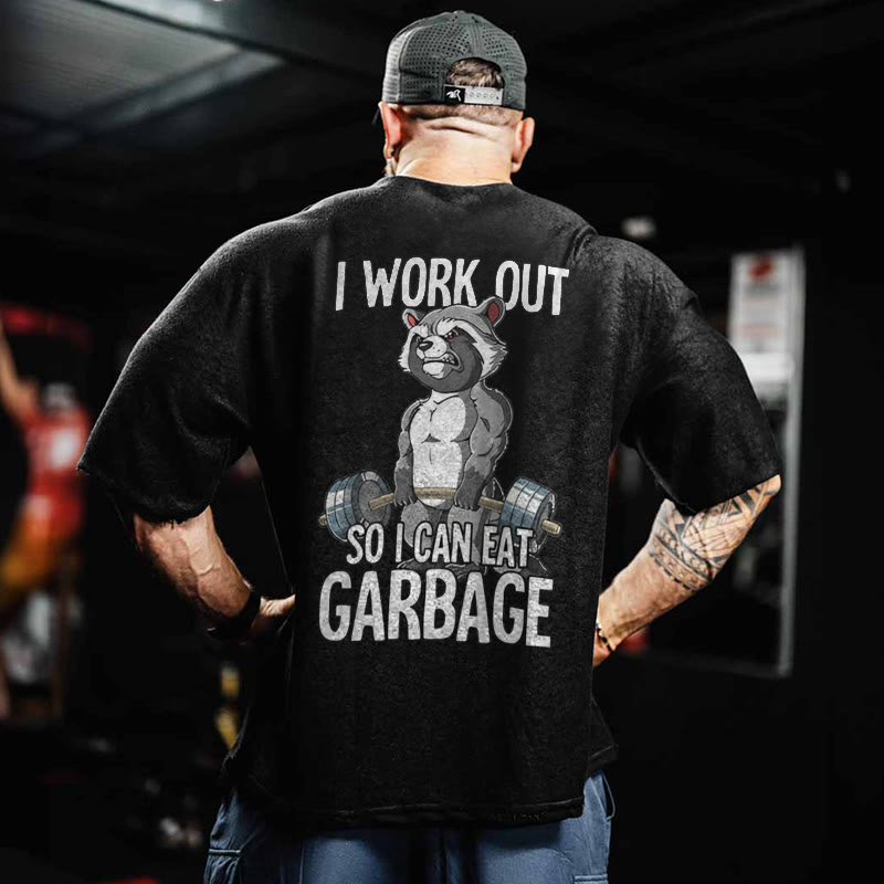 100% Cotton I Workout So I Can Eat Garbage Gym Print Acid Washed T-shirt - image 3