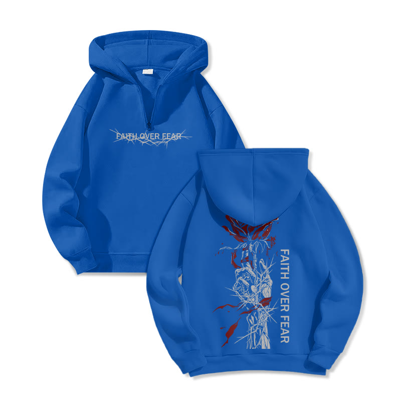 Unisex Faith Over Fear Print Half Zip Hoodie - Blue - US32-34(5XL) - image 3