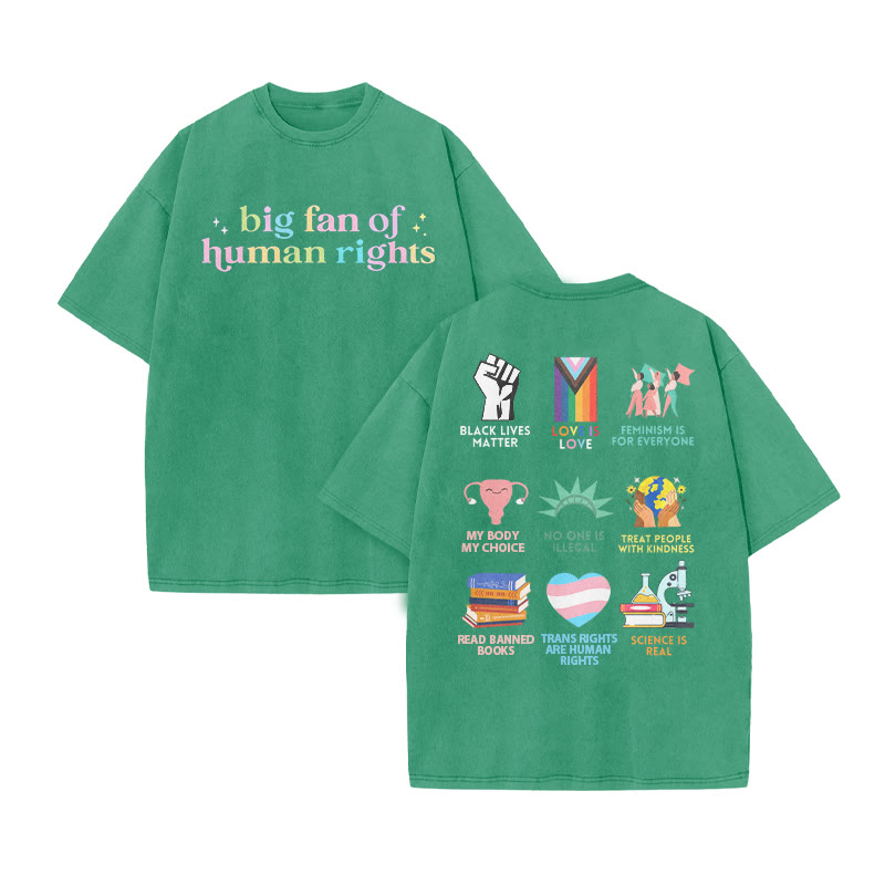 Big Fan Of Human Rights Print Acid Washed T-shirt - Green - US20-22(3XL) - image 7