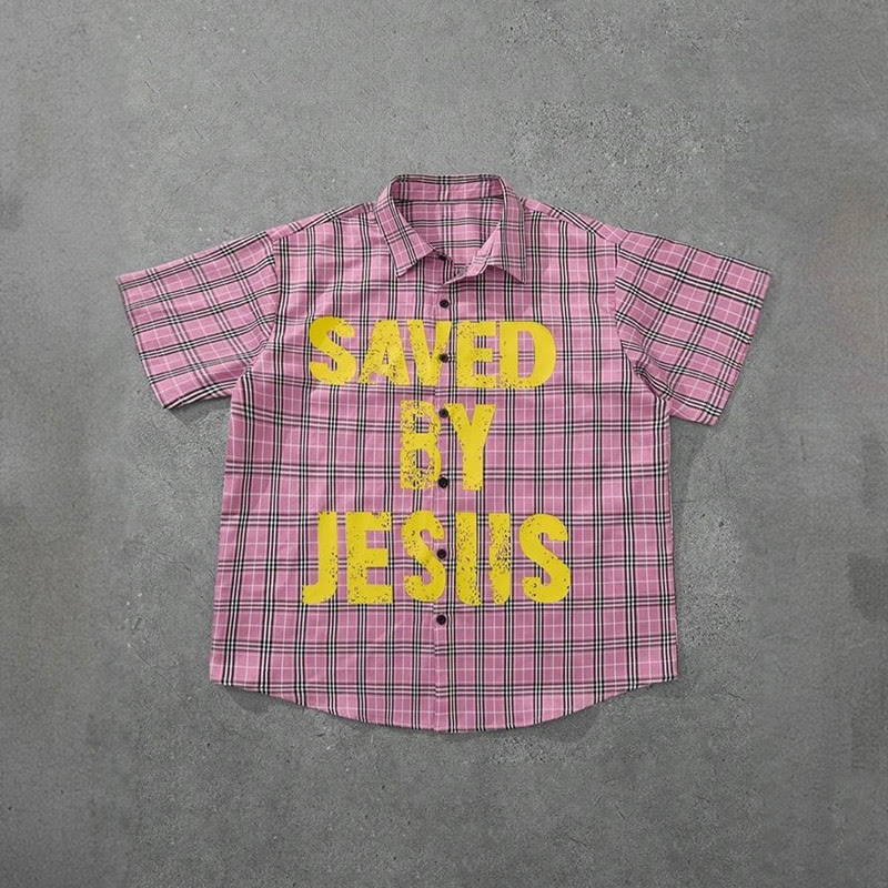Unisex Saved By Jesus Contrast Plaid Print Short-sleeved Shirt - Pink - 5XL - image 5