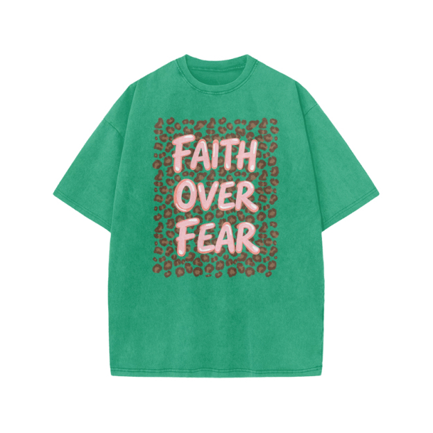 Faith Over Fear Leopard Print Acid Washed T-shirt - Green - US20-22(3XL) - image 9