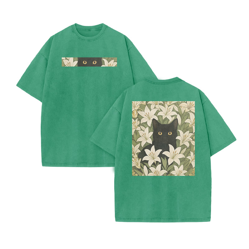 A Black Cat In A Field Of White Lilies Print Acid Washed T-shirt - Green - US20-22(3XL) - image 6