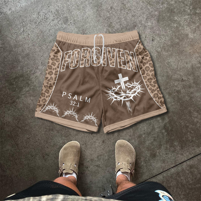 Psalm 32:1 Forgiven Leopard Print Mesh Shorts - Brown - 5XL - image 1