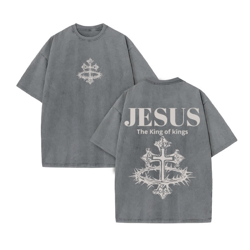 Unisex 100% Cotton JESUS IS KING Crown Of Thorns Cross Print Acid Washed T-shirt - Grey - US20-22(3XL) - image 5