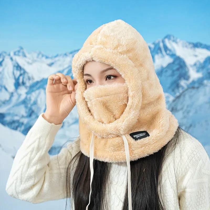 Fuzzy Thermal Drawstring Windproof Full-face Pullover Hood - Khaki - one size - image 5