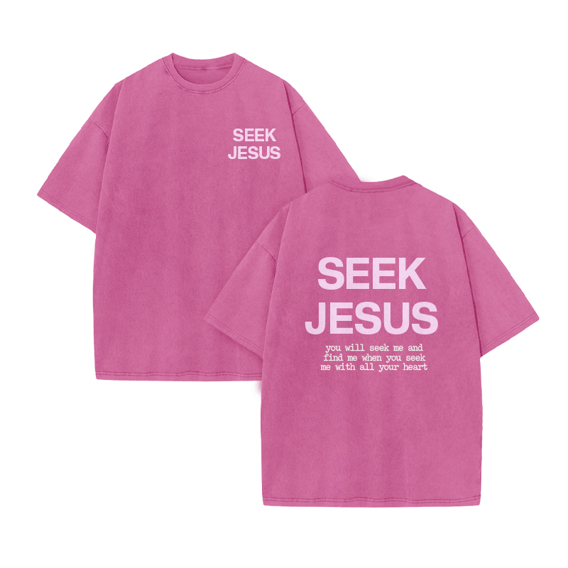 You Will Seek Me And Find Me When You Seek Me With All Your Heart Print Acid Washed T-shirt - Pink - US20-22(3XL) - image 6