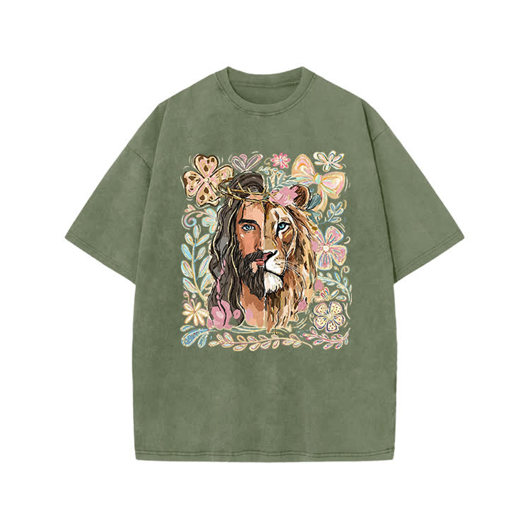 Vintage Lion Portrait Print Acid Washed T-shirt - Army Green - US20-22(3XL) - image 6