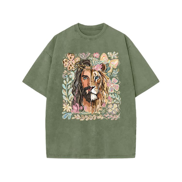 Vintage Lion Portrait Print Acid Washed T-shirt - Army Green - US20-22(3XL) - image 6